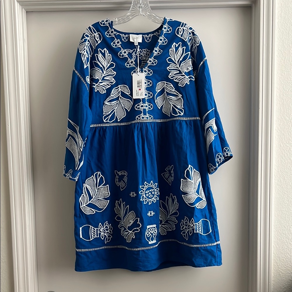NWT Johnny Was Barbara Mini Dress Size Medium Royal Blue with White Embroidery